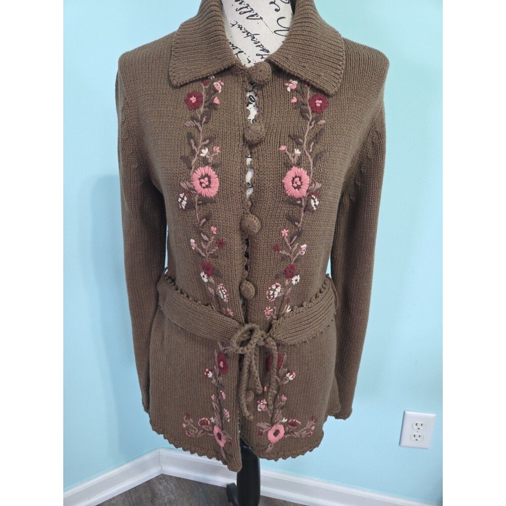 Natural reflections sweater floral ribbon embroidery brown small new with tags